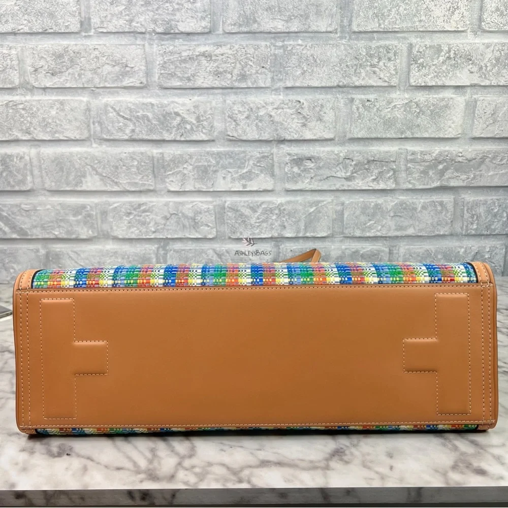 Tory Burch Ella Poly Woven Nylon Large Tote In Tory Navy Multi - Picture 7 of 11